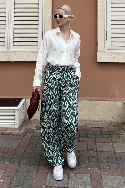 Madmext Grüne gemusterte Hose mit weitem Bein und elastischem Bund MG2051
