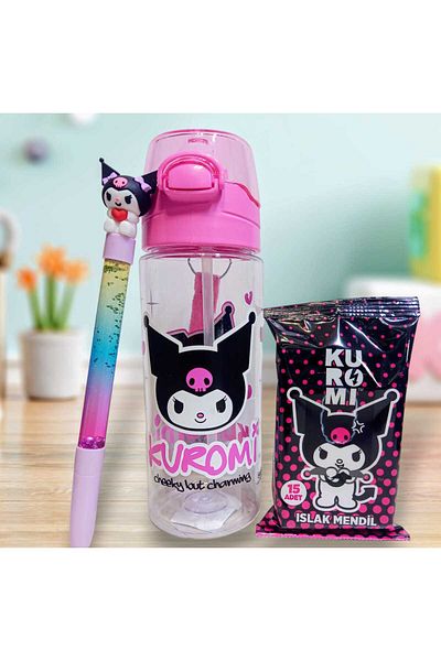 sevgi kırtasiye Kuromi Licensed Tritan Flask 500 ml with Wet Wipes and Pen Gift