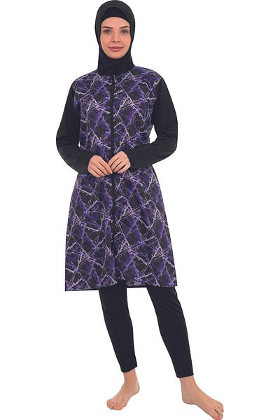 by İGP Purple Patterned - Hijab Full Covered - Fast Drying - Long Sleeve Zippered Women's Hijab Swimsuit