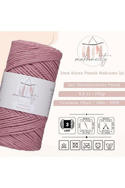 Makromecity Premium Koton Cotton Macrame Twine Dusty Rose 200 gr 150 Yards 2mm Βαμβακερό Macrame Σχοινί Τσάντα Supla Twine