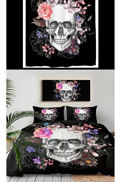 Elmas Dizayn طقم سرير مزدوج - 4 قطع، 2 ستارة خلفية، جمجمة باللونين الأبيض وال...