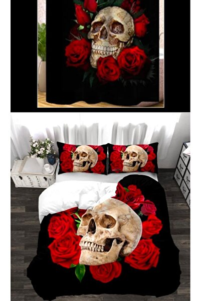 Elmas Dizayn طقم غطاء لحاف مزدوج مكون من 4 قطع و2 ستارة خلفية - جمجمة سوداء و...
