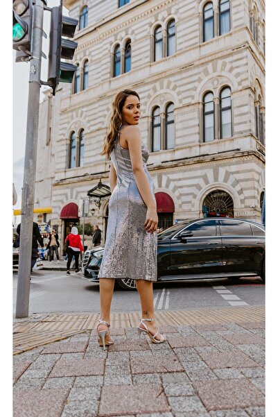 bontesel Abiye Midi Boy Gümüş Işıltılı Elbise Nişan Elbisesi Davet Elbisesi Gece Elbisesi Söz Elbisesi