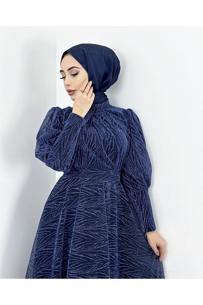 MERVEPLUME Hijab Tulle Evening Dress Jacquard Glitter Woven Fabric Fashion Wedding Elegance – Navy Blue
