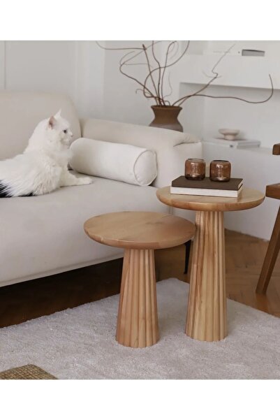 Simillo Home&Living Wood Wooden Ahşap 2'li Set Naturel Renk Mantar Yan Sehpa ...