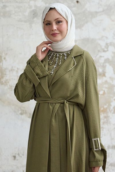 InStyle طقم كتان كاكي - فستان بتفاصيل حجرية