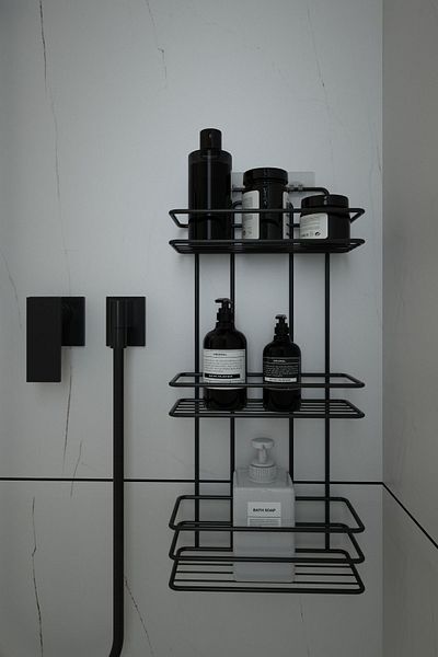 Alper Banyo Lifetime Stainless Adhesive Black 3 Layer Flat Bathroom Corner Rack, Shampoo Holder Tş03, No Drilling