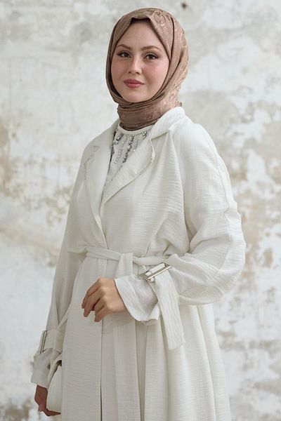 InStyle Set alb cu rochie de in cu detaliu de piatră