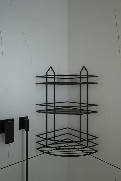 Alper Banyo Lifetime Stainless Adhesive Black 3 Layer Bathroom Corner Rack, Shampoo Holder Ek03.s, No Drilling