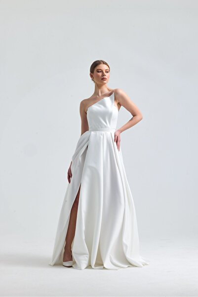 Tangül&Ali'S Moda Evi Asimetrik Beyaz Abiye