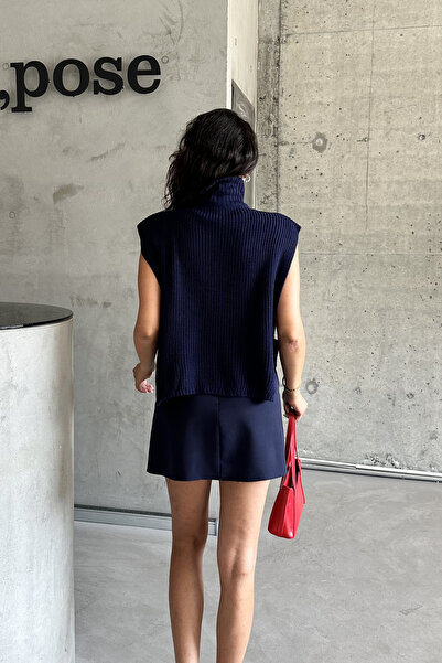 MODAGEN Γυναικείο πλεκτό πουλόβερ με γιακά με μισό φερμουάρ σε μπλε μπλέ