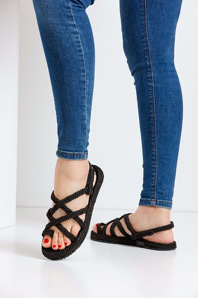 Devida Women's Comfortable Sole Rope Straw Braid Sandals Black
