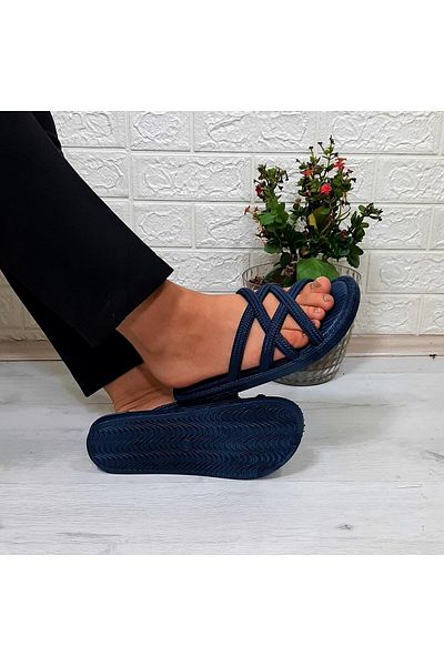 BRN 302 Model Navy Blue Non-Slip Slippers - Octopus Straw, for Pool and Beach
