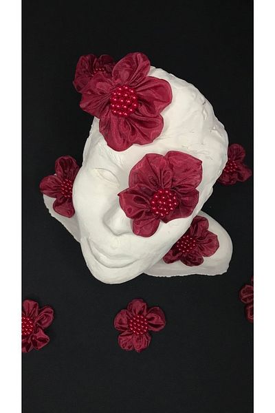 Ozpas Burgundy Flower Brooch - Tulle Organza, Beaded, 6 cm, 5 pcs.