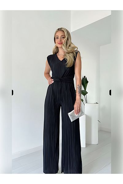 LAMİFUSTORE Pleated and Waist Detailed Back Low-cut Jumpsuit