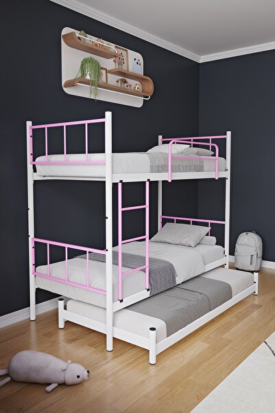 FANO Tekno Yavrulu Ranza 90x190 Yatak Uyumlu 3 Kişilik Açık Pembe Metal Ranza Karyola