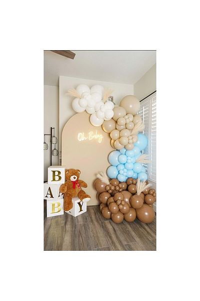 Ata Parti Dünyası Birthday Concept - 60 Pieces White, Sea Sand and Caramel Macaron Blue Balloon Chain Party Set