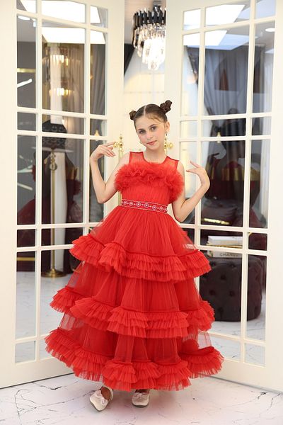 MİSS RAİN long Girl's Evening Dress wiTh 3-layered Tulle Ruffle SkirT and Pearl BelT DeTail