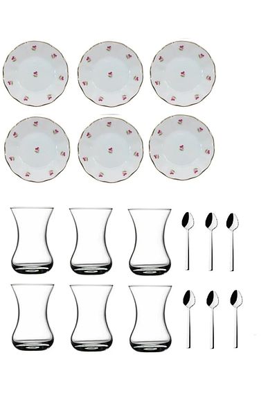 Paşabahçe 18 Piece Poppy Pink Enameled Acem Tea Cup Set