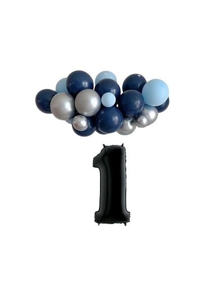 Ata Parti Dünyası Birthday Concept - Chrome Silver, Midnight Blue, Light Blue 1-34inch Black 30-Piece Balloon Chain Party