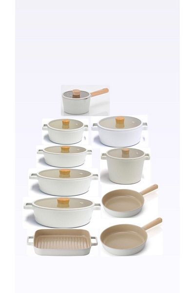 NEOFLAM Fika Beige 17 Piece Induction Cast Iron Pot Pan Set