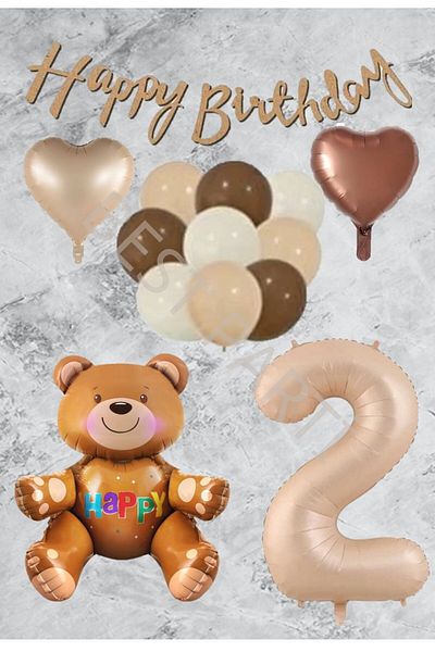 BEST PARTİ DOĞUM GÜNÜ PARTİ SÜSLERİ Age 2 Sand Beige Number Foil Balloon Set - Heart Teddy Bear
