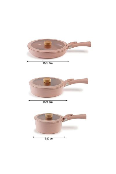 NEOFLAM Midas Pink ( 9 6 ) 15 Piece Interlocking Pots and Pans Set with Detachable Handle