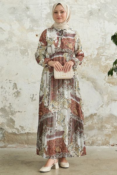 InStyle Rochie din șifon burgundă cu imprimeu șal Viera, cu guler cu curea