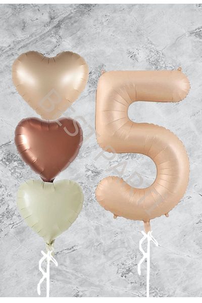 RÖNESANS PARTİ 5 Year Old Sand Beige Heart Numeral Foil Balloon Set
