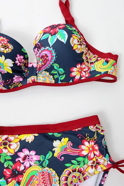 hazelin Γυναικείο σετ μπικίνι Navy Blue Burgundy Floral print ψηλόμεσο - HZL24S-LC3321