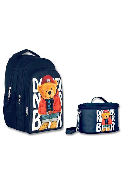 ÜMİT ÇANTA Cennec Teddy Bear Patterned Primary School Backpack and Lunchbox Set - Navy Blue