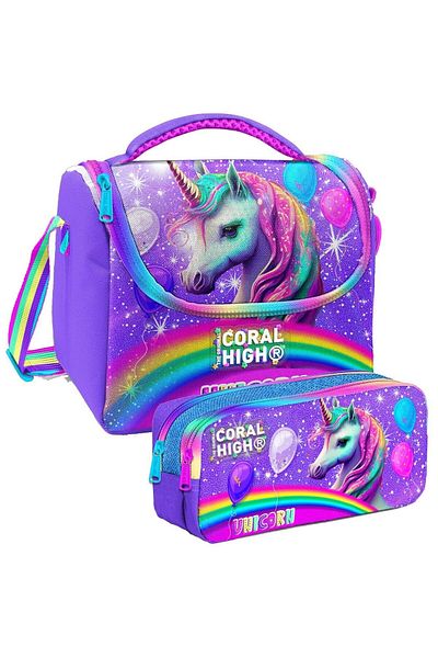 Coral High Set cutie de prânz și suport pentru creion pentru fete cu model de unicorn cu sclipici violet