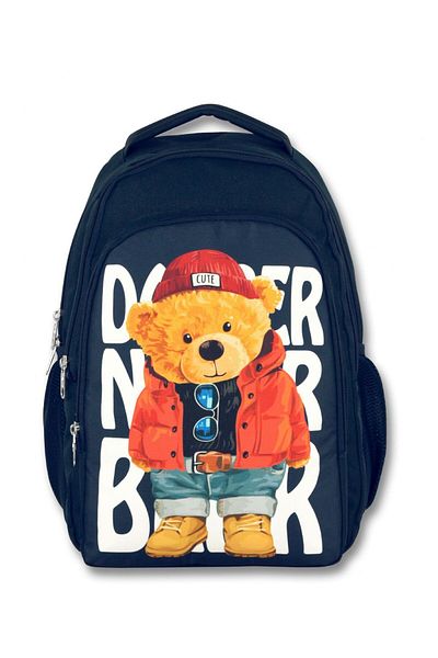 ÜMİT ÇANTA Navy Blue Ümit Bag - Cennec Teddy Bear Print, 3-Compartment School Backpack