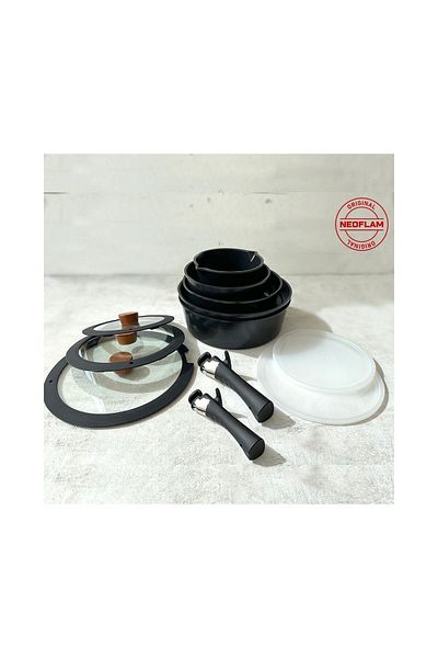 NEOFLAM Midas Black 12 Piece (With Spare Handle) Nesting Induction Pot and Pan Set with Detachable Handle