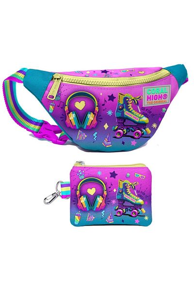 Coral High Pink Turquoise Skate Girl's Waist Bag and Coin Purse Set