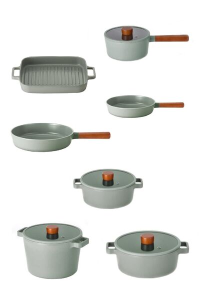 NEOFLAM Fika Alüminyum Döküm Gri 11 Parça Cam Kapaklı Tencere Tava Seti A