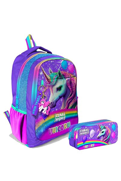 Coral High Kız Çocuk Mor Simli Unicorn İlkokul ve Ortaokul Sırt Çantası ve Ka...