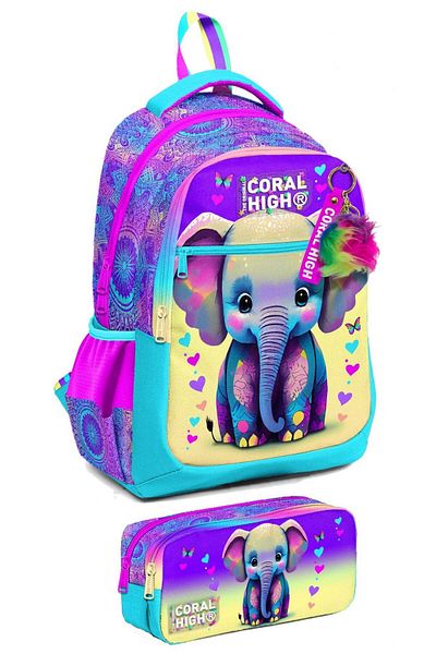 Coral High Set rucsac și suport stilou pentru școala primară pentru fetiță - elefant turcoaz roz