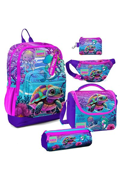 Coral High Set de cinci genți de școală pentru fete cu model broasca țestoasă roz violet