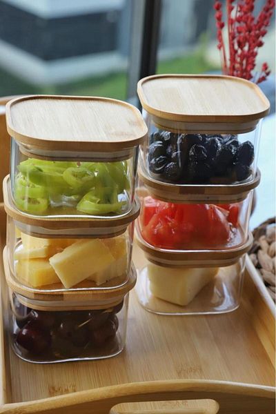 Atbyhome Duo with 6 Bamboo Trays 400ml Borosilicate Glass Breakfast - Vacuumed Lid