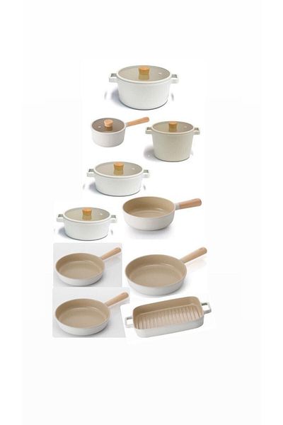 NEOFLAM Fika Aluminum Casting Glass Lid Beige 15 Piece Pot & Pan Set