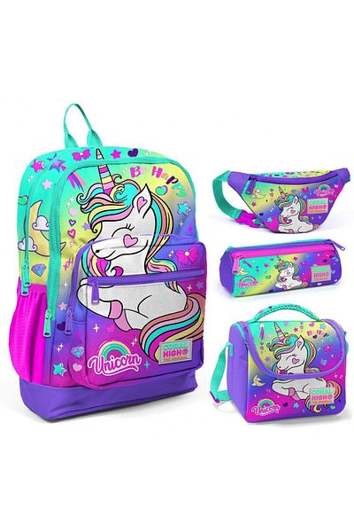 Coral High Set de geanți de școală și geantă de talie cu trei unicorni, verde apă, lavandă