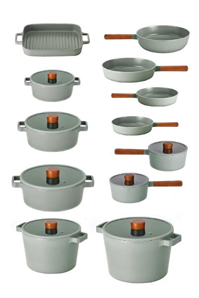 NEOFLAM Fika Alüminyum Döküm Cam Kapaklı 19 Parça Gri Tencere & Tava Seti