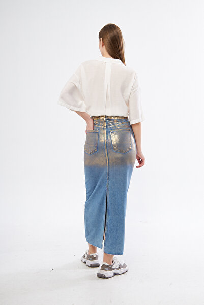 Kutaf Dlouhá džínová sukně se zlatým detailem