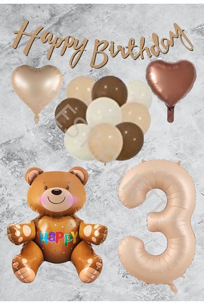 BEST PARTİ DOĞUM GÜNÜ PARTİ SÜSLERİ Age 3 Sand Beige Number Foil Balloon and Heart Teddy Bear Set