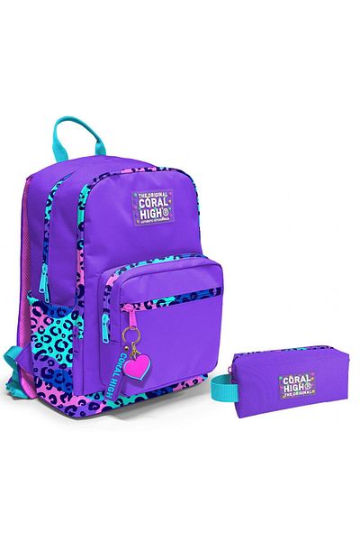 Coral High Set rucsac cu 4 compartimente și set de stilouri pentru liceu - Leopard mov - Fată