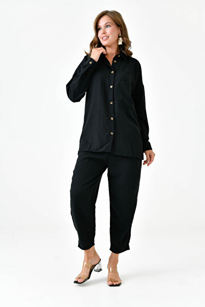 lovebox Női vászon szövet zseb, részletes ing és nadrág, túlméretezett dupla fekete szett 10277