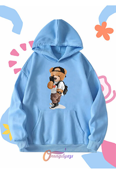 oneagılyazı Унисекс детска суитшърт - принт с мече, прекалено голям качулка