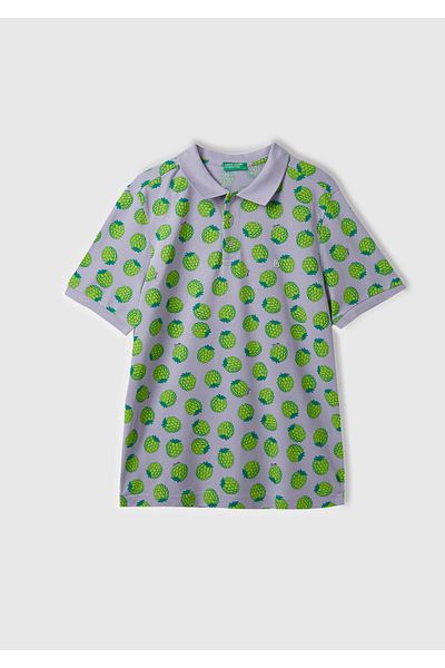 United Colors of Benetton Tricou polo pentru bărbați Liliac Mix - 100% bumbac cu model de fructe