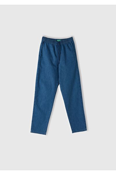 United Colors of Benetton Men's Navy Blue 100% Cotton 4 Pockets Drawstring Waist Denim Jogger Pants